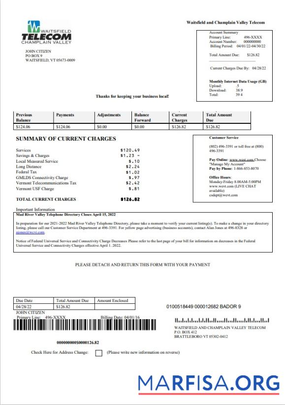 Blank USA Waitsfield Telecom utility bill template in Word and PDF format